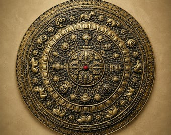 Handmade Brass Double Vajra Zodiac Wall Hanging, Buddhist Decor, Made in Nepal