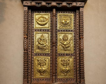 Handmade Wood and Brass Ganesha Lakshmi Wall Panel, Sun Moon Kalash, Nepal