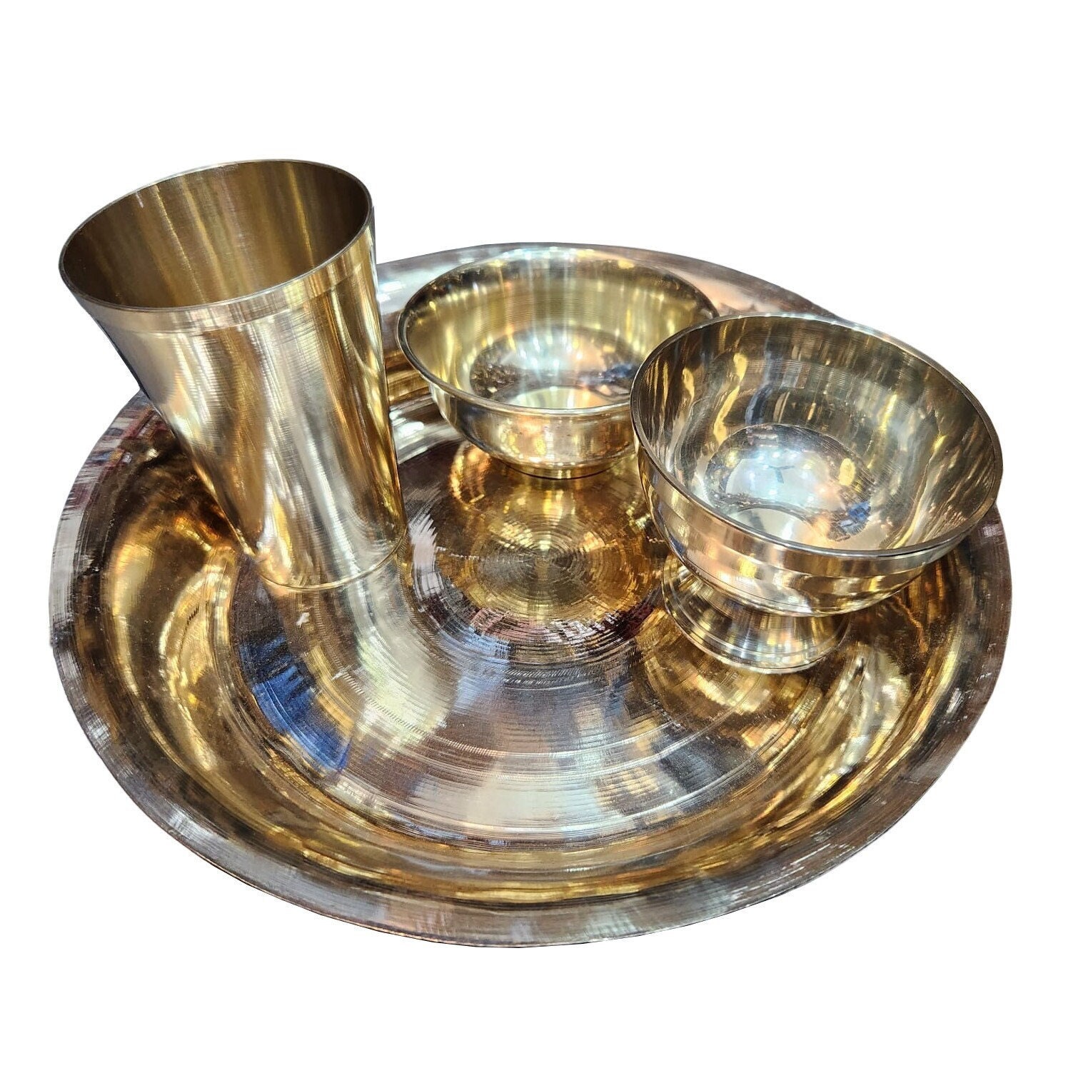 Pure Brass Hammered Design 7 Pieces Dinner Setthali Set of 1 Plate, 1  Glass, 1 Spoon, 1 Small Plate & 3 Bowls Color Gold 