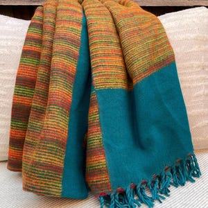 Yellow Teal Mix Yak Wool Meditation Blanket &#39;XL&#39; | Yogic Shawl | Travel Friendly Wraps | Big Sized Woolen Throw | Light-weighted | Soft Warm