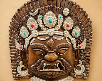 Handmade Copper Bhairava Mask Wall Hanging, Silver-Coloured Crown, Made in Nepal