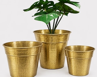 Hammered Brass Planter | Handmade Indoor Outdoor Plant Pot | Set of 3 or Large