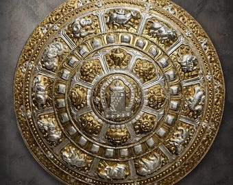Handmade Brass Zodiac Mandala Wall Hanging, Auspicious Symbol Decor, Made in Nepal