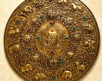 Handmade Brass Kalachakra Wall Hanging, Tibetan Zodiac Decor, Made in Nepal