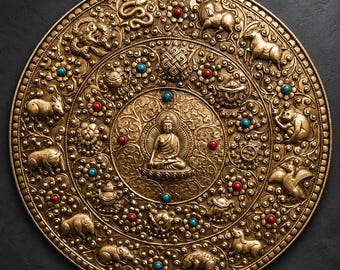 Handmade Brass Buddha Zodiac Wall Hanging, Buddhist Decor, Made in Nepal