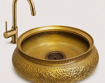Handmade Bathroom Wash Sink | Brass Spa Pedicure Bowl with Footrest | Feet Massage Relaxation Basin