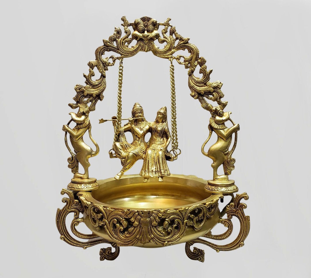 Brass Radha Krishna Urli Jhula Swing Decorative Puja Bowl Floating Diya