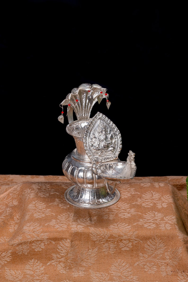 Handmade Silver Plated Ganesha Diya Lamp | Copper Snake Sukunda, Asta Mangal Carvings image 1