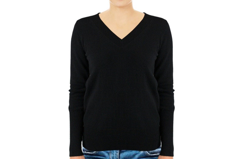 Cashmere Wool Blend Sweater Black Unisex V Neck