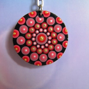 Hand Painted Mandala on 1.5&quot; round wood keychain or necklace.