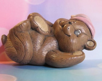 Hand-Painted Ceramic Sleeping Teddy Bear with Night Cap | Cozy Collectible Gift