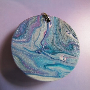 Hand Painted Pour Style on 1.5&quot; round wood keychain or necklace.