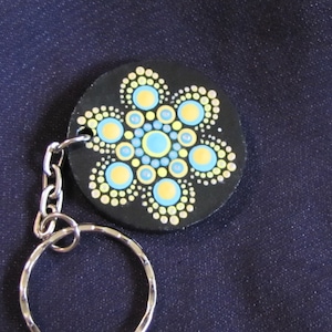 Hand Painted Mandala on 1.5&quot; round wood keychain.