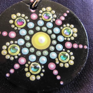 Hand Painted Mandala on 1.5&quot; round wood keychain.