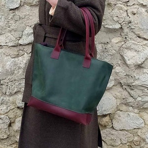 HECHO A MANO Cuero Genuino Verde Mujeres Shopper / ToteBag de Mujer Grande / Cremallera Personalizada Hombro Tote Crossbody Bag / Regalo de Cumpleaños