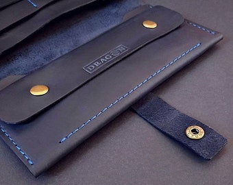 HANDMADE Blue Vertical Wallet Minimalist | Long Leather Card Case | Gift Father Day