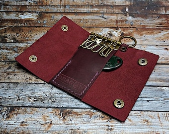 HANDMADE Marsala Leather Key Organizer with Secret Pocket for RFID Key Fob | Small Key Holder, Key Chain | Woman Gift | Gifts for Girlfriend