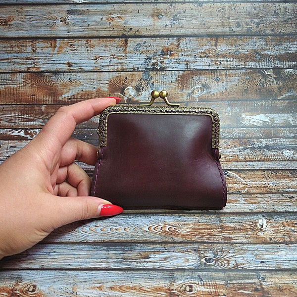 HANDMADE Marsala Ladies Leather Mini Wallet "Vintage" | Best Birthday Present | Kisslock Coin Purse for Her
