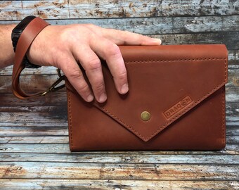 HANDMADE Brown Leather Mens Clutch Bag &quot;Classic&quot; | Mini Pouch with Handle Strap for Men | Best Present for Dad | Gift for Boyfriend