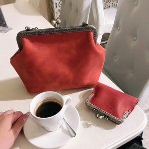 HANDMADE Leder-Sets ""Vintage"" | Kiss-Lock-Geldbörse | Leder Tote, Schulter Geldbörse | Rahmen Tasche abnehmbare Kette | Niedliches Geschenk der Großmutter