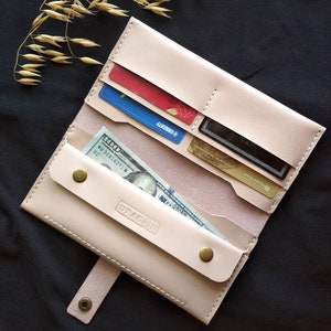 HANDMADE Beige / Pink Leather Vertical Wallet for Women | Long Slim Bifold | Mother's Day Gift