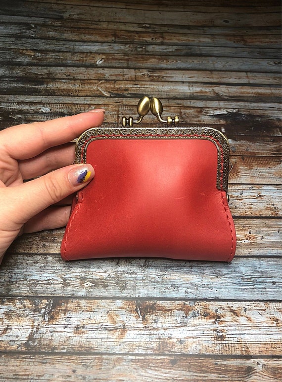 HANDMADE Small Leather Red Kiss Lock Wallet Vintage Style 