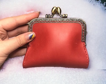 HANDMADE Small Leather Red Kiss lock Wallet | Vintage Style Coin Purse For Women | Gift for Her