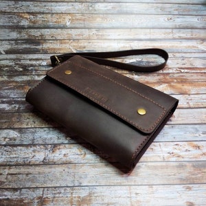 HANDMADE Brown Leather Mens Clutch Bag "Classic" / Imperial Big Wallet con correa de mango / Bolsa de artesanía para papá