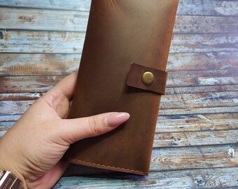 Unique Gifts for Family HANDMADE Long Wallet in Cognac / Brown Leather Thin Vertical Ladies Purse Bags & Purses Wallets & Money Clips Chain Wallets 