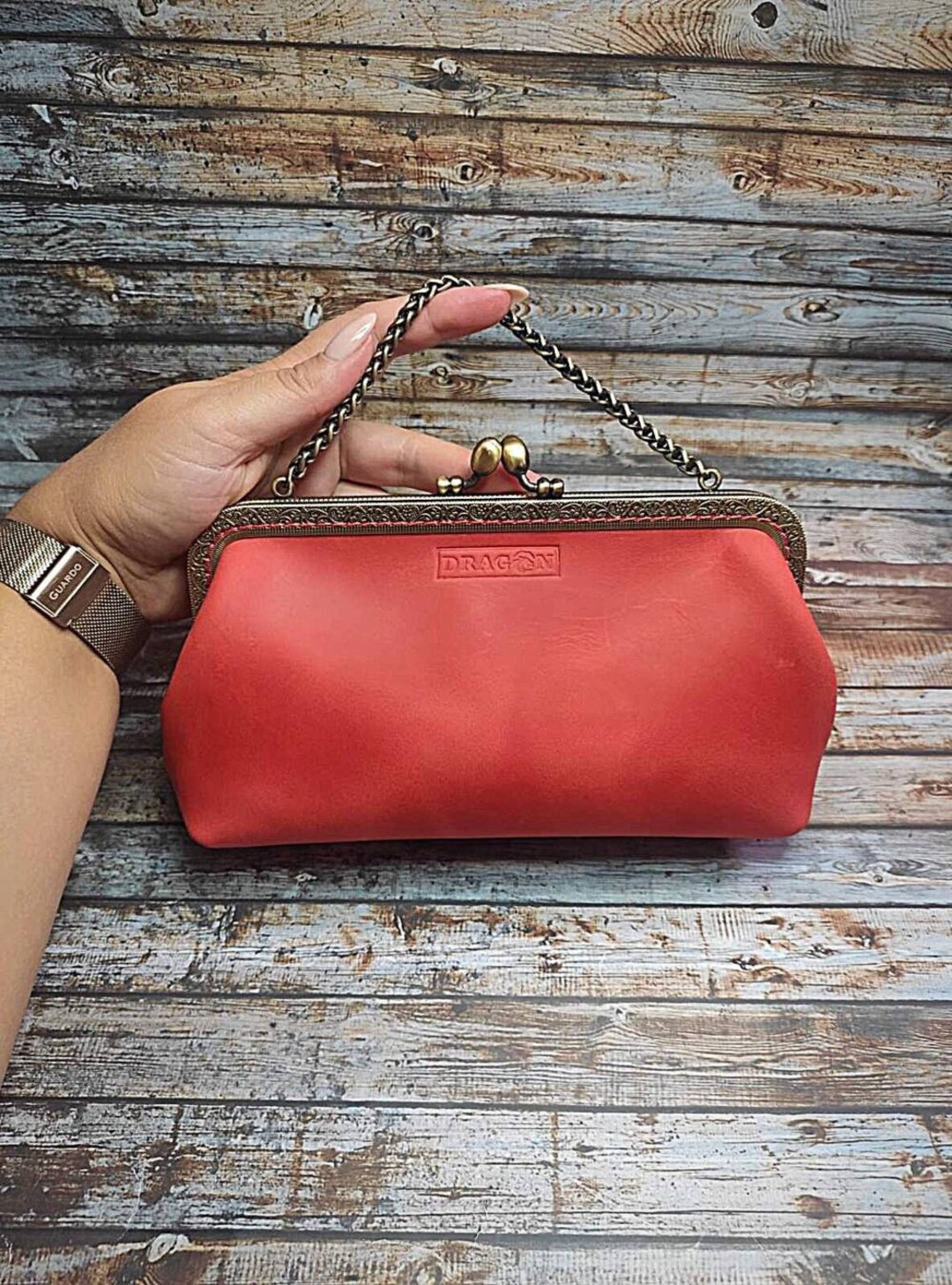 HANDMADE Vintage Kisslock Frame Handbag in Coral Red Leather - Etsy