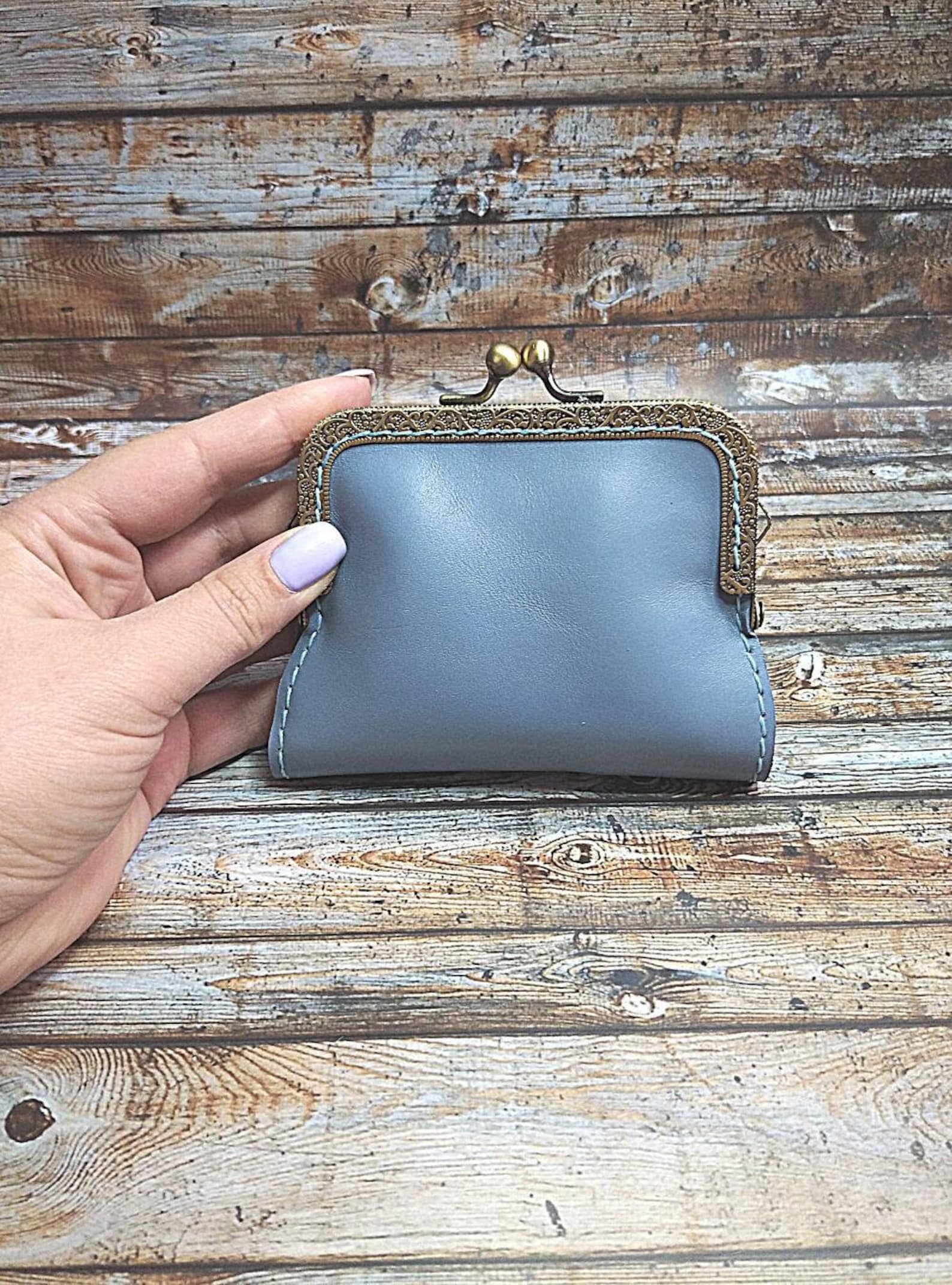 HANDMADE Small Leather Blue Kiss lock Wallet Vintage Style Etsy