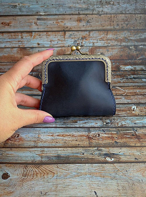 HANDMADE Small Leather Blue Kiss Lock Wallet Vintage Style 