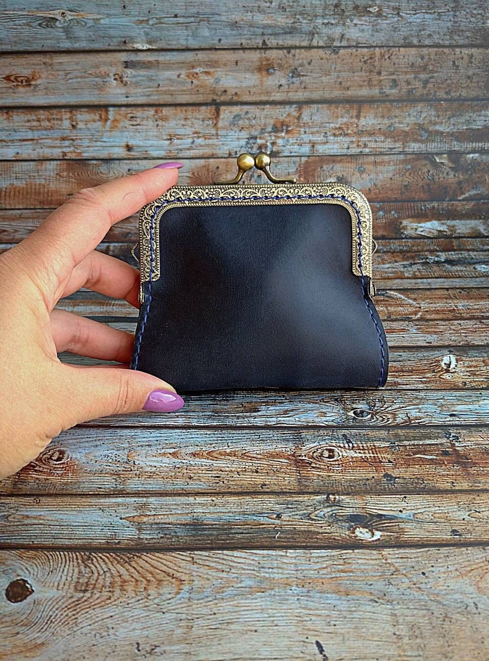 HANDMADE Small Leather Blue Kiss Lock Wallet | Vintage Style Coin Purse For Women | Frame Woman Bifold | Christmas Gift