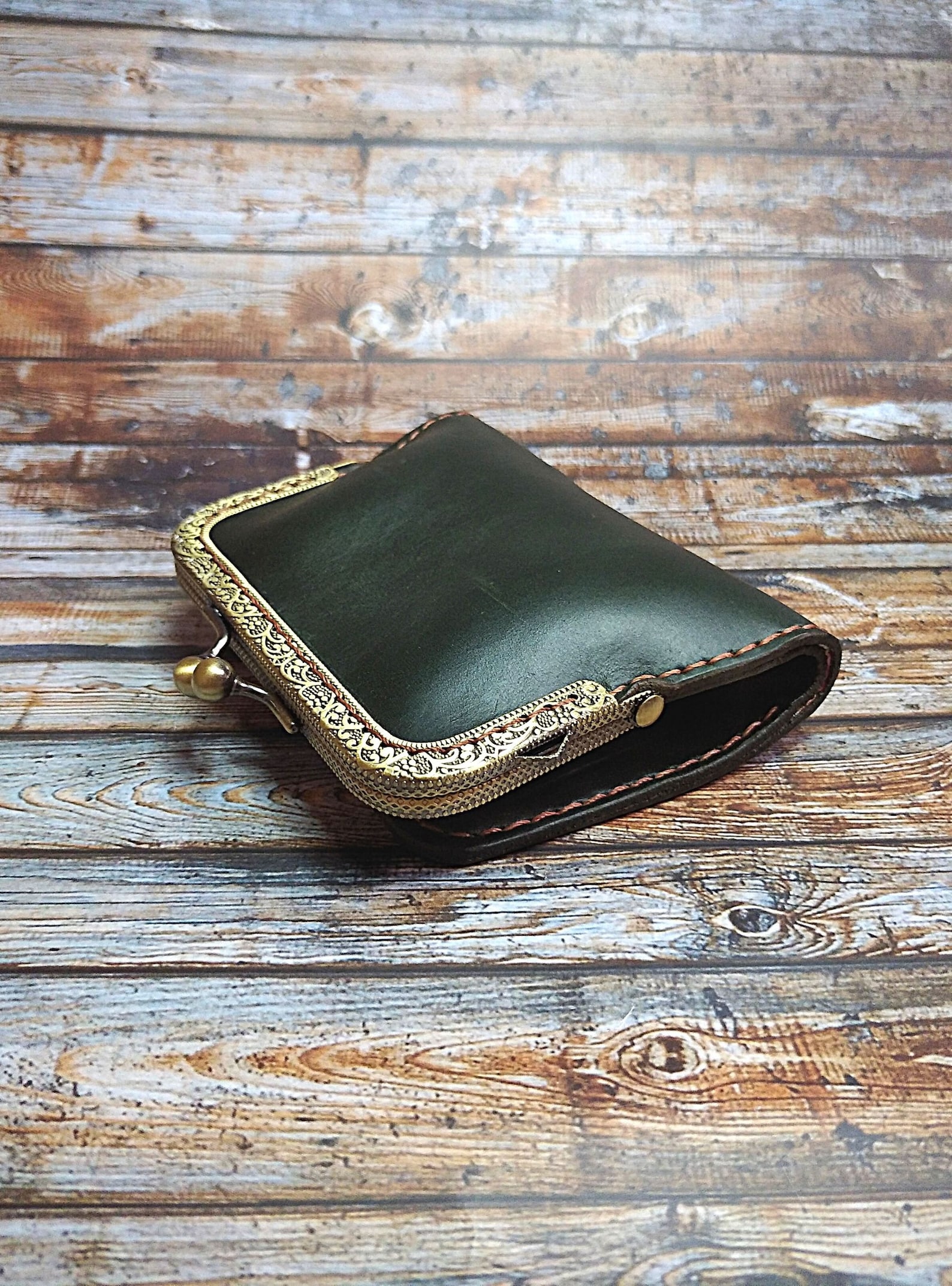 HANDMADE Small Leather Green Kiss lock Wallet Vintage Style Etsy