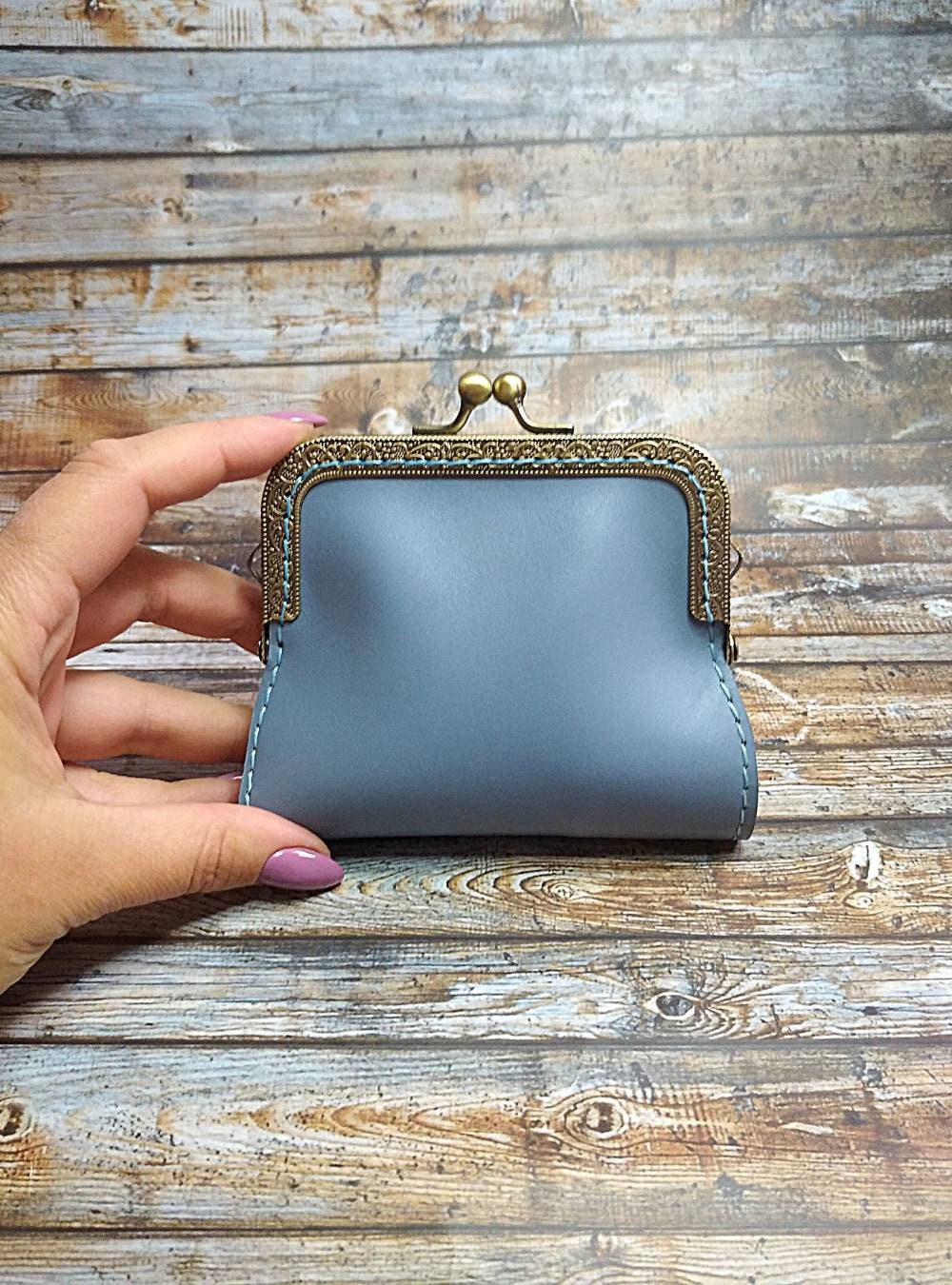 HANDMADE Small Leather Blue Kiss Lock Wallet Vintage Style 