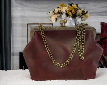 HANDMADE Vintage Marsala Kisslock Frame Bag | Leather Bucket Pouch for Women | Birthday Gift Ideas