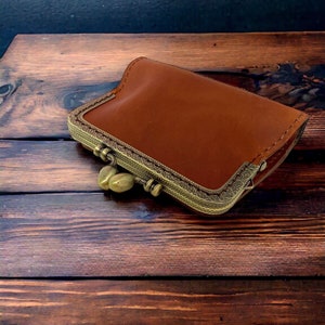 HECHO A MANO Marrón / Coñac Cuero Mujer Marco Monedero "Vintage" / Mini Kiss Lock Monedero / Hermoso Regalo del Padre
