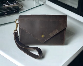 HANDMADE Dark Brown Leather Mens Clutch Bag &quot;Classic&quot; | Mini Pouch with Handle Strap for Men | Best Present for Dad | Gift for Boyfriend