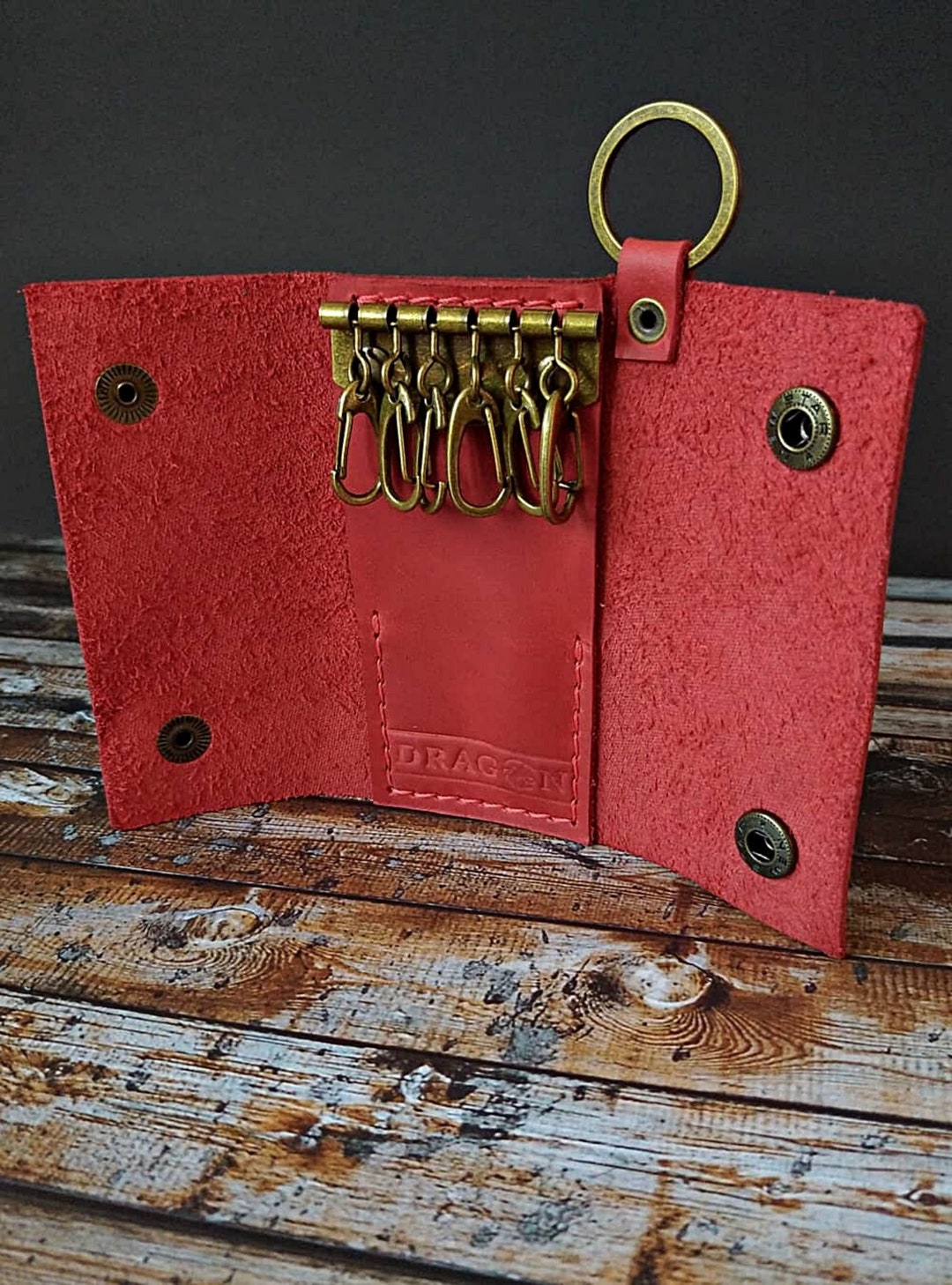 HANDMADE Red Leather Key Chain With Secret Pocket for RFID Key Fob ...
