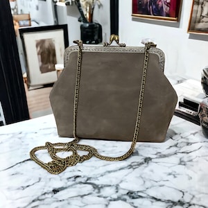 HANDMADE Leather Gray Handbag "Vintage" | Kiss Lock Bags | Leather Tote, Shoulder Purse | Detachable Chain Frame Bag | Gift for Her