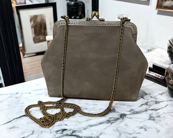 HANDMADE Leather Gray Handbag "Vintage" | Kiss Lock Bags | Leather Tote, Shoulder Purse | Detachable Chain Frame Bag | Gift for Her