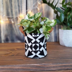 Könnte beinhalten: Ein geometrisch gemusterter Pflanzer in Weiß und Schwarz mit Ledergriffen, der eine grün-weiß panaschierte Pflanze beherbergt. Der Pflanzer steht auf einer Holzoberfläche.