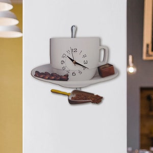 Kitchen Wall Clock with Swinging Teaspoon and Swaying Coffee Beans, Coffee Cup Swinging Wall Clock, Decorative Cafe Kitchen Wall Decor.