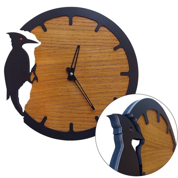 Wooden Woodpecker Wall Clock, 12 inch 30cm Oak Veneer Wood Panel Wooden Wall Clock, Modern Home Decor,  Living Room Decor Kitchen Wall Clock