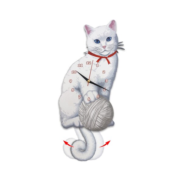 Horloge murale à pendule de chat blanc, horloge de chat, chat blanc remuant, cadeau pour les amoureux des chats blancs, couleur des yeux bleus, cadeaux de chat