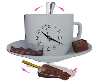 Kitchen Wall Clock with Swinging Teaspoon and Swaying Coffee Beans, Coffee Cup Swinging Wall Clock, Decorative Cafe Kitchen Wall Decor.