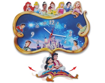 Prince and Princess Swinging Wall Clock, Disney Princess Themed Pendulum Wall Clock, Girl Room Wall Art Decor, Princess Girls Bedroom Decor