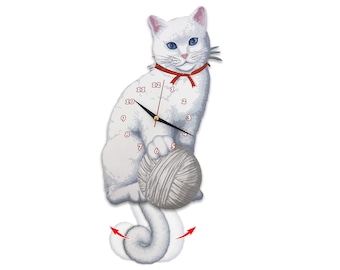 May include: White cat clock with a red bow and a ball of yarn. The cat's tail is the pendulum.