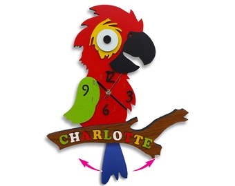 Personalized Parrot Wood Swinging Wall Clock, Kids Analog Clock, Parrot Clock Personalized Kids Gifts Bedroom Silent Animal Wooden Clock.