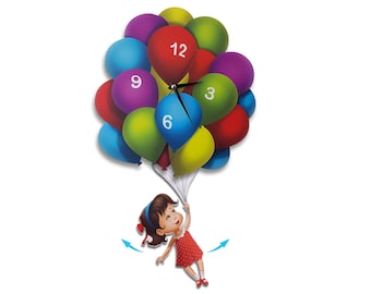 Ballons and Girl Swinging Pendulum Wall Clock, Kids Analog Clock, Children Wall Clocks For Bedroom, Wall Clock Disney, Ballon Clock